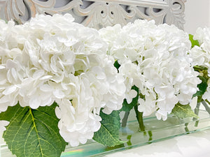 Modern Long REAL TOUCH Hydrangeas Arrangement Artificial Faux Centerpiece Floral Flower Arrangement Silk Flowers Glass Vase French Decor
