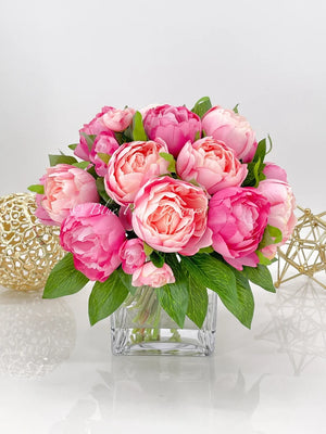 Modern Pink Peony Arrangement Artificial Faux Flower Centerpiece, French Country Floral Decor, Silk Flowers in Vase Home Decor by Blue Paris