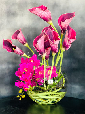 Magenta Pink Calla Lilies Phalaenopsis Orchid Arrangement, Real Touch Flower in Glass Vase | Table Centerpiece Floral French Decor Flower