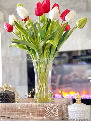 Red White Green 22” Real Touch Tulips Modern Arrangement Centerpiece | Real Touch Artificial Faux Forever Flowers