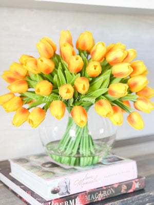 Large 50 Orange Tulips | Modern Faux Floral Arrangement Real Touch Artificial Centerpiece Faux Flowers in Glass Vase Faux Flowers in Vase