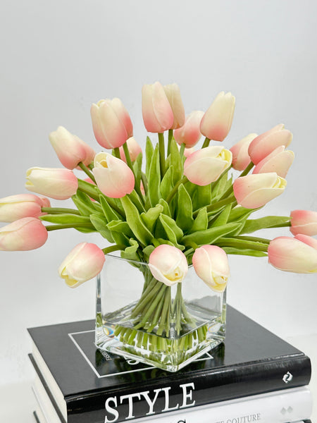 Light Pink Tulips 25 Floral | Modern Arrangement | Real Touch | Artificial Faux Forever Fake Flowers in Glass Vase for Home Decor Blue Paris