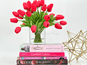 Red Tulips 25 Floral | Modern Arrangement | Real Touch | Artificial Faux Forever Fake Flowers in Glass Vase for Home Decor Blue Paris