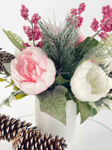 Pink Christmas Centerpiece-elegant Christmas Floral Arrangement-french  Country Christmas Home Decor-holiday Pink Peony Floral-red Plaid Pail 