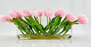 Modern Long REAL TOUCH Tulip Arrangement Artificial Faux Centerpiece Floral Flower Arrangement Silk Flowers Glass Vase French Decor Pink