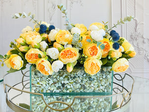 Modern Yellow White Rose Peony Arrangement, Artificial Faux Centerpiece Silk Flowers Floral Centerpiece French Decor in Glass Vase for Home