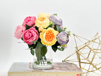 Pink/Purple/Yellow Rose Peony Arrangement, Artificial Faux Centerpiece, Faux Florals, Silk Flowers in Glass Vase, Mother’s Day by Blue Paris
