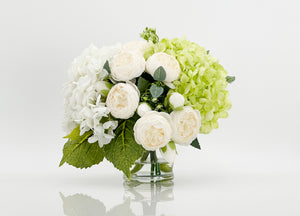 White Green Hydrangeas Peony | French Country |Arrangement in Clear Glass Vase with clear acrylic water for Home Decor by Blue Paris Flowers