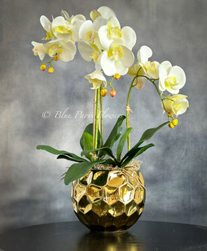 Ivory White 3 Stems Phalaenopsis Orchid Arrangement, Real Touch Flower in Gold Vase | Table Centerpiece | Floral Decor | Flower Arrangement