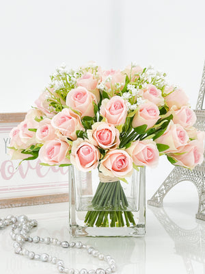 Light Pink 40 Roses Arrangement, Floral Flowers | Silk Artificial Faux Forever Flowers in Glass for Home Decor by Blue Paris Flowers