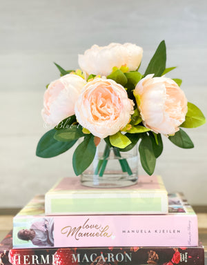LT Pink Rose Peony Arrangement, Artificial Faux Table Centerpiece, Wedding Faux Florals Silk Flowers Arrangement in Glass Vase by Blue Paris