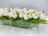 Modern Long White REAL TOUCH Tulip Arrangement Artificial Faux Centerpiece Floral Flower Arrangement Faux Flowers Glass Vase French Decor