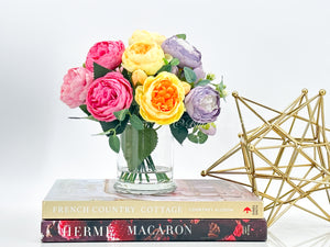 Pink/Purple/Yellow Rose Peony Arrangement, Artificial Faux Centerpiece, Faux Florals, Silk Flowers in Glass Vase, Mother’s Day by Blue Paris