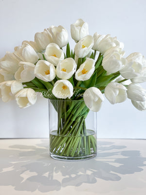 Large 40 White Tulips Modern Faux French Floral Arrangement | Real Touch Artificial Faux Forever Flowers in Glass Vase, Faux Flowers, Vase
