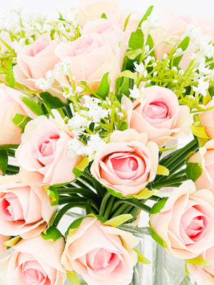 Light Pink 40 Roses Arrangement, Floral Flowers | Silk Artificial Faux Forever Flowers in Glass for Home Decor by Blue Paris Flowers