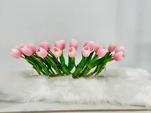 Modern Long REAL TOUCH Tulip Arrangement Artificial Faux Centerpiece Floral Flower Arrangement Silk Flowers Glass Vase French Decor Pink
