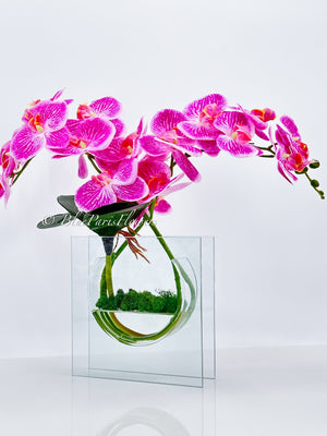 Modern Magenta Pink 2 Stems Phalaenopsis Orchid Arrangement, Real Touch Flower in Vase | Table Centerpiece | Floral Decor Flower Arrangement
