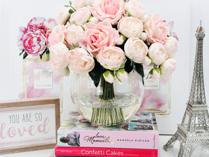 Large Light Pink Rose Peony, Real Touch Roses, French Co Arrangement, Artificial Faux Centerpiece, Silk Flowers in Glass Vase for Home Decor