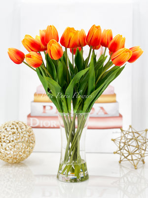20” Orange Real Touch Tulips Modern Arrangement Centerpiece | Real Touch Artificial Faux Forever Flowers