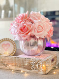 Real Touch Pink Rose Arrangement | French Floral Centerpiece Artificial Faux Forever Flowers in Rose-gold Vase for Home Decor by Blue Paris
