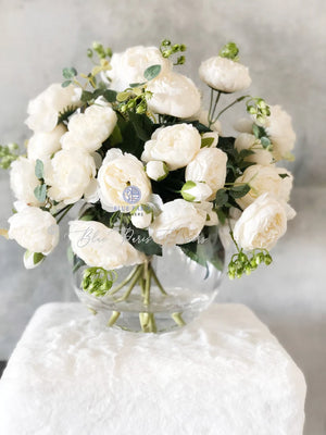 X-Large White Rose Peony Arrangement, Artificial Faux Centerpiece, Silk Flowers in Glass Vase for Home Decor