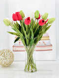 Red White Green 22” Real Touch Tulips Modern Arrangement Centerpiece | Real Touch Artificial Faux Forever Flowers