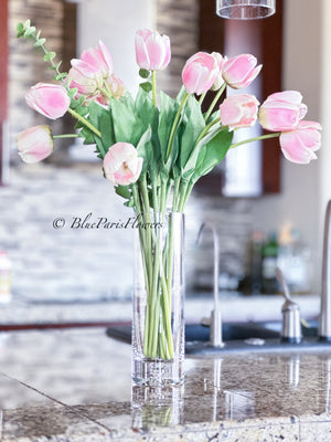 28” Tall Pink Real Touch Tulips in Glass Vase, Home Decor Faux Flower Arrangement, French Country Style, Floral Decor Arrangement