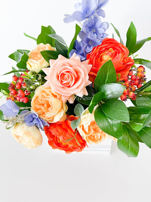 Fall or Thanksgiving Arrangement, Ranunculus, Peonies, Delphinium in Wood Vase, Floral Decor Centerpiece, Faux Artificial Flowers Silk Decor