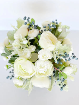 Floral Arrangement, Pale Green White Ranunculus, Blueberries, Silk Artificial Flower Centerpiece, Faux Silk Arrangement Glass Vase, Flower