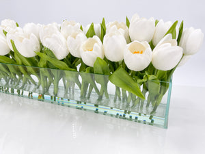 Modern Long White REAL TOUCH Tulip Arrangement Artificial Faux Centerpiece Floral Flower Arrangement Faux Flowers Glass Vase French Decor