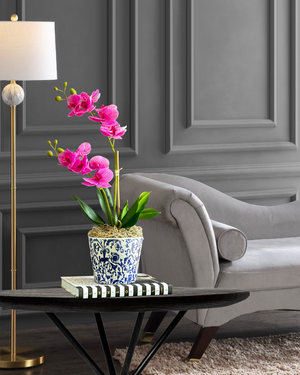 Real Touch Elegant Magenta Double Stems Phalaenopsis Orchid Arrangement, French Country Luxury Flower in Vase Table Centerpiece Modern Decor