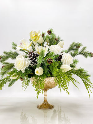 Winter French Elegant Real Touch Artificial Flower Arrangement-Christmas Faux Centerpiece-Flowers- White Roses Flower Centerpiece Gift-Decor