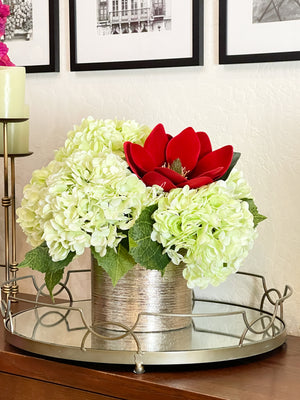 REAL TOUCH Green Hydrangeas, Red Magnolia Arrangement, Artificial Faux Centerpiece, Floral Flowers in Rose Gold Vase Home Decor Blue Paris