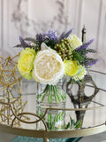 Floral Arrangement in Vase, Peonies, Lavender, French Country Artificial Flowers Faux Home Decor Realistic Floral Arrangement Blue Paris