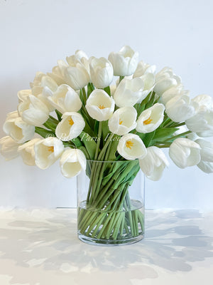 Large 40 White Tulips Modern Faux French Floral Arrangement | Real Touch Artificial Faux Forever Flowers in Glass Vase, Faux Flowers, Vase