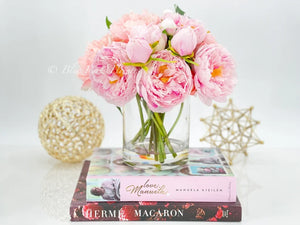 French Pink Peonies Arrangement, Artificial Faux Floral Centerpiece, High-quality Silk Flowers in Glass Vase for Home Decor Blue Paris