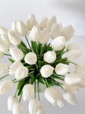 White Tulips 25 Floral | Modern Arrangement | Real Touch | Artificial Faux Forever Fake Flowers in Glass Vase for Home Decor Blue Paris