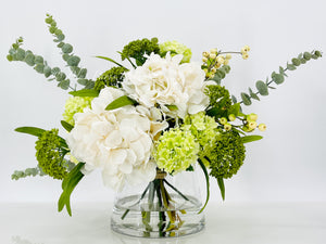 Floral Arrangement, Green White Hydrangeas Silk Artificial Flower Centerpiece, Faux Silk Arrangement Glass Vase, Flower Decor Blue Paris