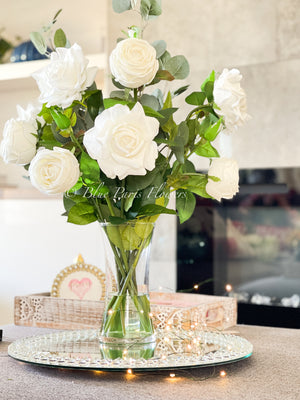 White Real Touch Rose Floral Arrangement, Artificial Flower Centerpiece, Wedding Decor, Faux Flower Decor In Glass Vase