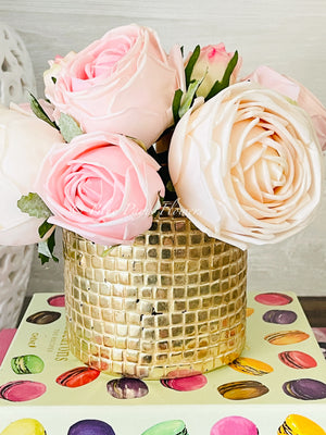 Pink Rose Arrangement | Real Touch | French Country | Floral Centerpiece, Artificial Faux Forever Flowers Gift for Home Decor in Gold Vase
