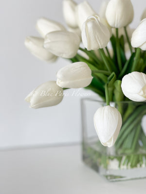 White Tulips 30 Floral | Modern Arrangement | Real Touch | Artificial Faux Forever Fake Flowers in Glass Vase for Home Decor Blue Paris