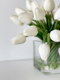 White Tulips 25 Floral | Modern Arrangement | Real Touch | Artificial Faux Forever Fake Flowers in Glass Vase for Home Decor Blue Paris