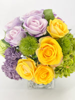Modern Floral Arrangement | French Country | Table Centerpiece, Yellow, Lavender | Unique Floral Faux Flowers in Glass Vase for Home Decor