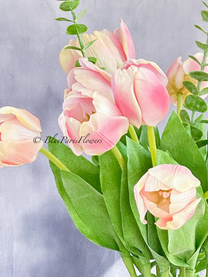 28” Tall Pink Real Touch Tulips in Glass Vase, Home Decor Faux Flower Arrangement, French Country Style, Floral Decor Arrangement