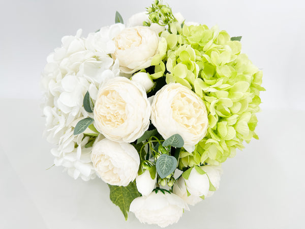 White Green Hydrangeas Peony | French Country |Arrangement in Clear Glass Vase with clear acrylic water for Home Decor by Blue Paris Flowers
