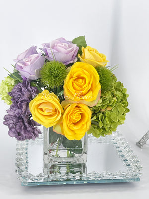 Modern Floral Arrangement | French Country | Table Centerpiece, Yellow, Lavender | Unique Floral Faux Flowers in Glass Vase for Home Decor