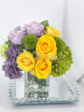 Modern Floral Arrangement | French Country | Table Centerpiece, Yellow, Lavender | Unique Floral Faux Flowers in Glass Vase for Home Decor
