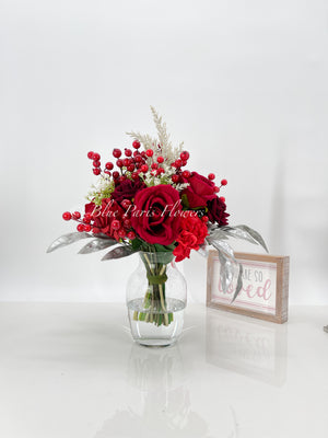 Faux Flower Arrangement, Peonies, Roses, Greens in Vase, Floral Decor Real Touch Centerpiece, Faux Artificial Flowers Silk Arrangement Red