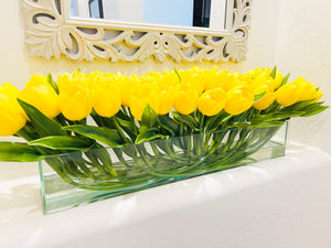 Modern Long Yellow REAL TOUCH Tulip Arrangement Artificial Faux Centerpiece Floral Flower Arrangement Silk Flowers Glass Vase French Decor