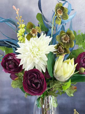 29” Mix Faux Flower Arrangement, Dahlia, Ranunculus, Protea, Green Floral Decor Silk/Real Touch Centerpiece Artificial Flowers, Gift Decor